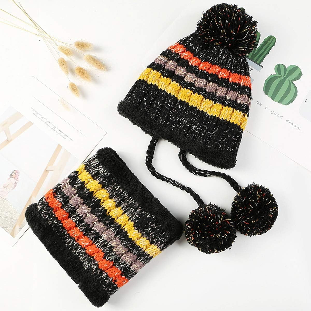 Zhengup Women Winter Beanie Hat Circle Scarf Set Pompoms Peruvian Ski Snow Ear Flaps Sherpa Knit Hats Fleece Lined,S to M Size Head