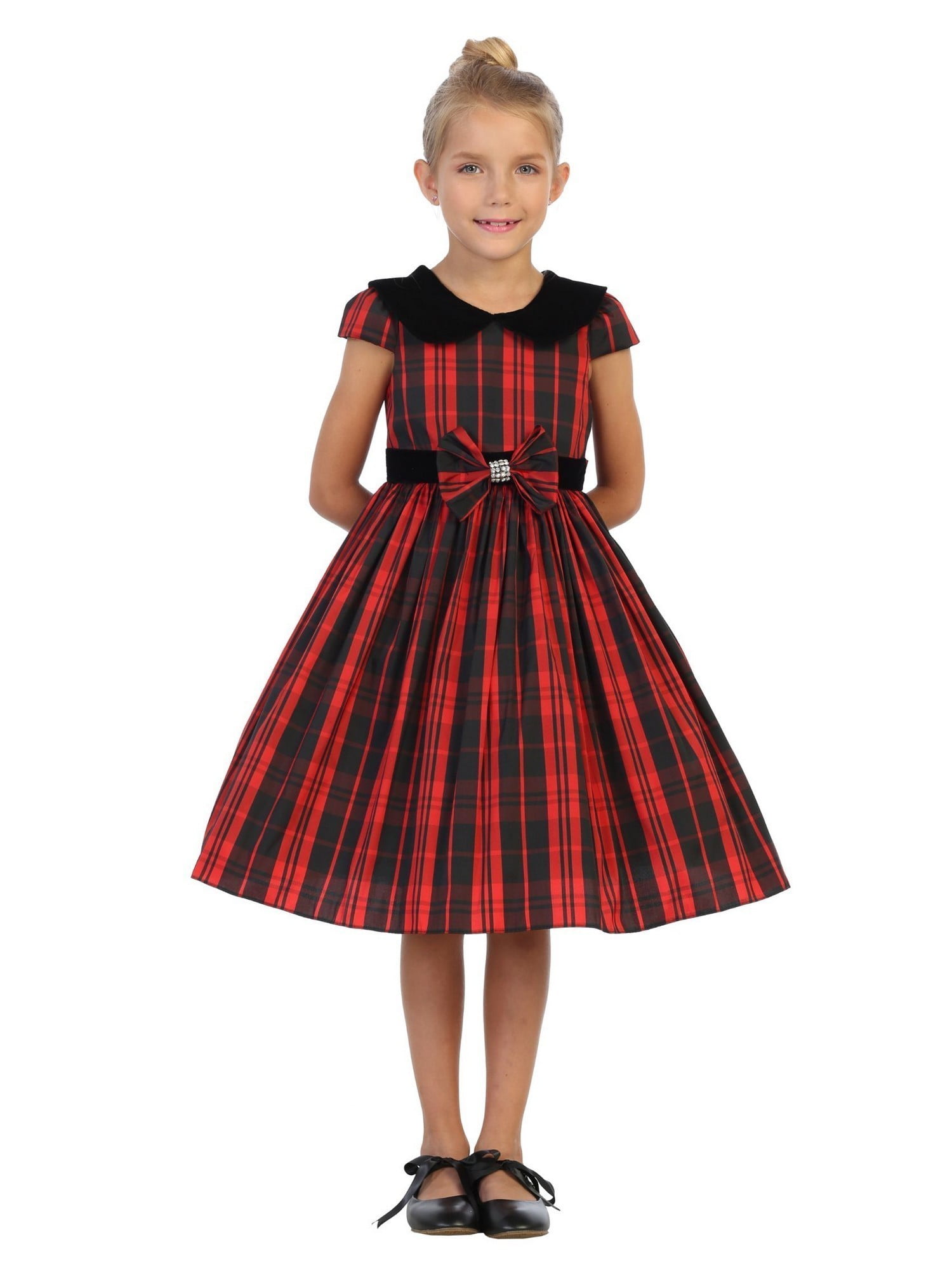 Kids Dream Girls Red Plaid Black Velvet Collar Christmas Dress