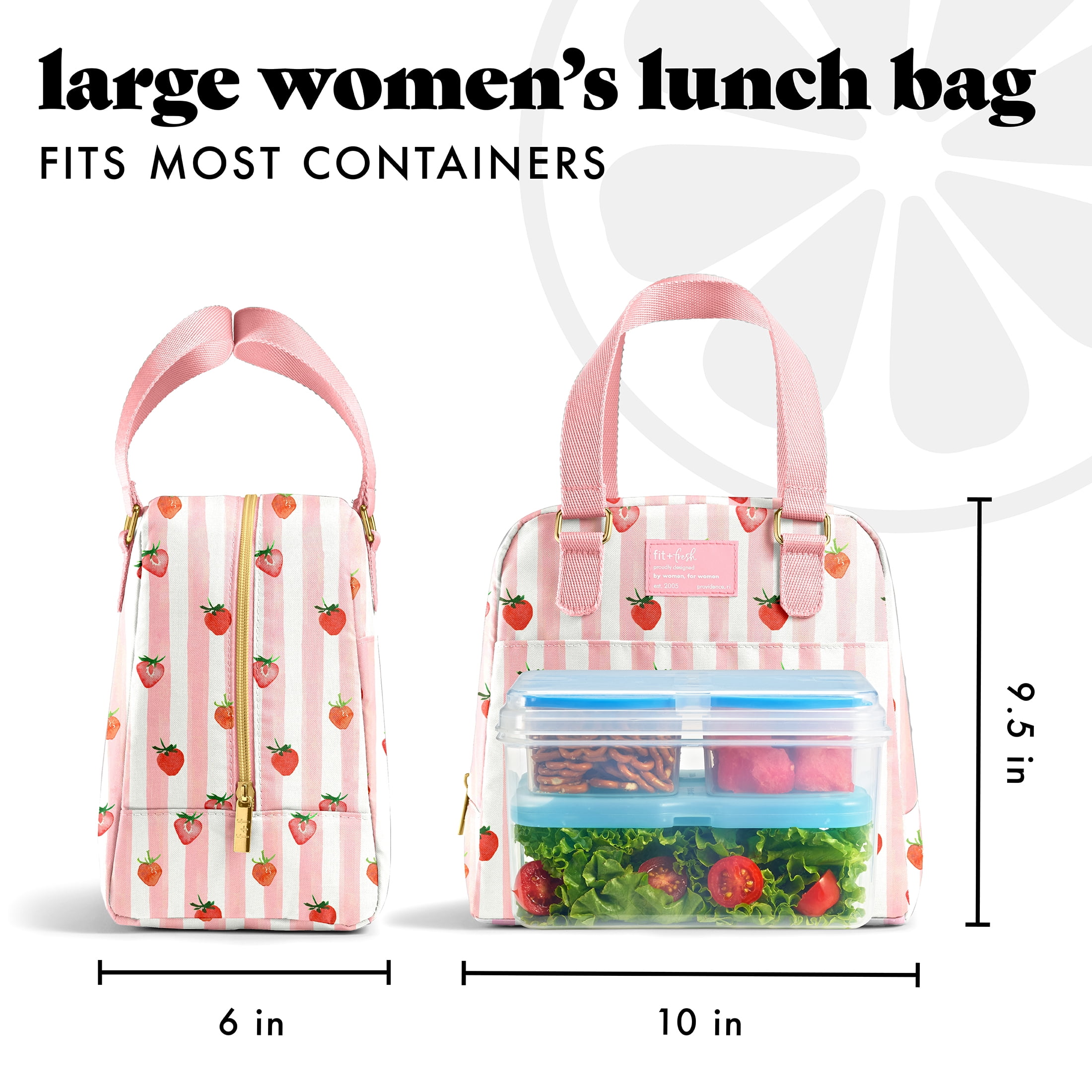 Fit & Fresh Minneola Lunch Bag for Women, Cute Pink Strawberry Stripe