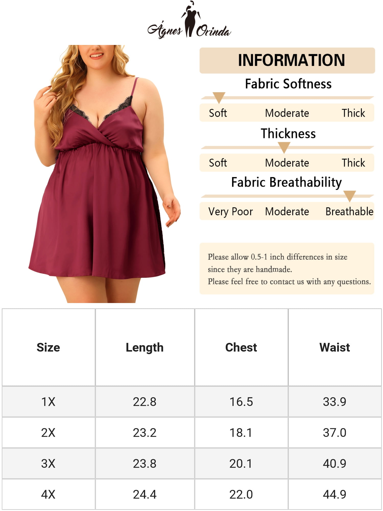 Unique Bargains Women's Plus Size Camisole Side Lingerie Nightgowns 4X Burgundy