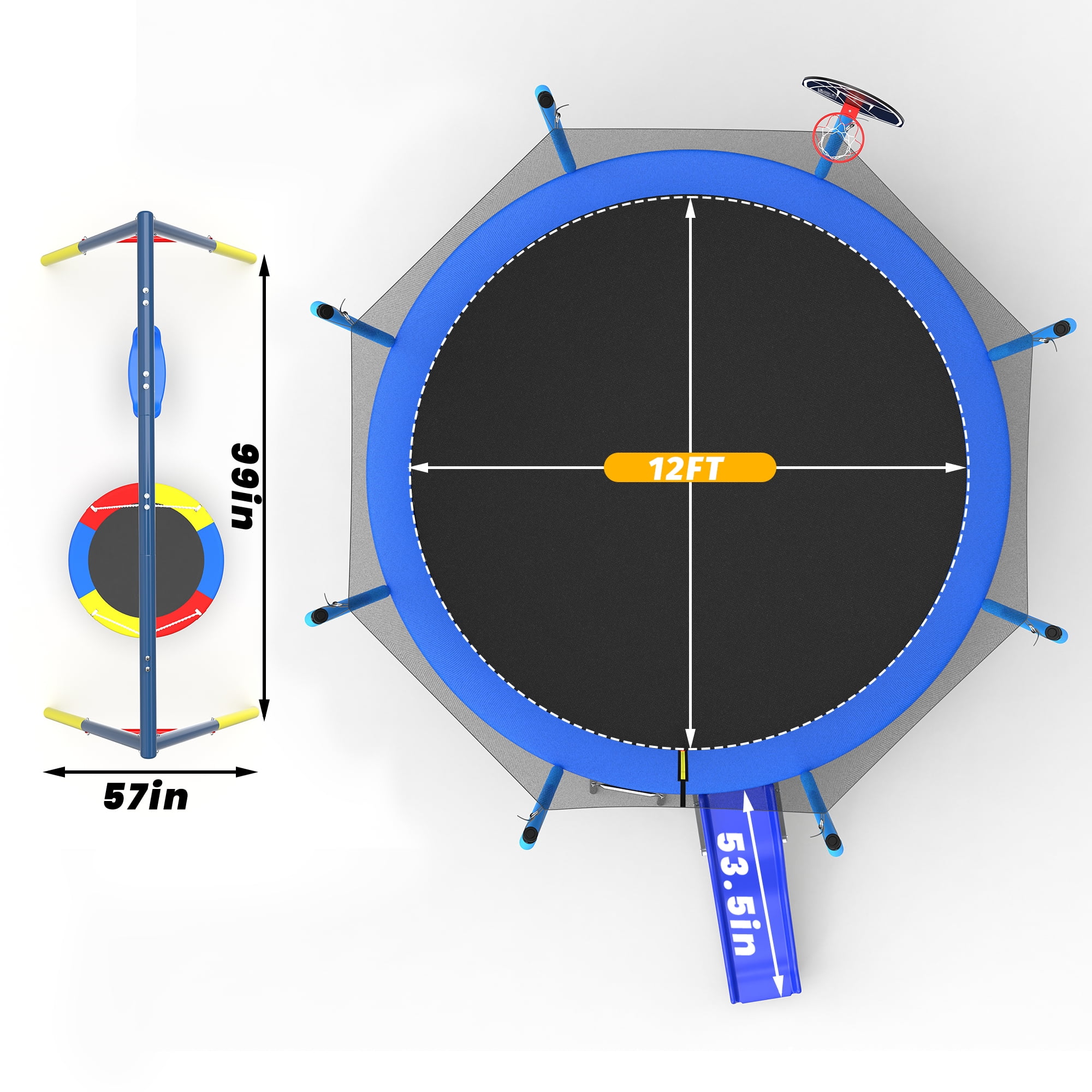 Mersco 12FT Heavy Duty Trampoline with Enclosure Net ,Slide ,Swing Set Outdoor Trampoline for Backyard,Kids Trampoline with Basketball Hoop,Birthday and Holiday Gifts for Kids,Blue