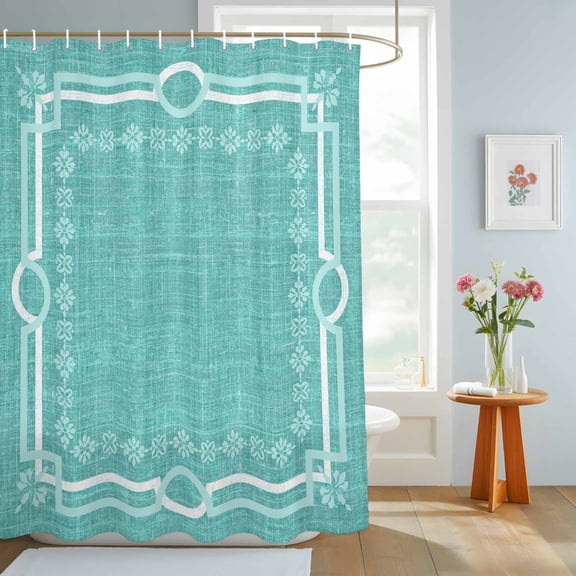 Turquoise Farmhouse Shower Curtain, Linen Texture Geometric Lines Floral Boho Waterproof Washable Shower Curtain for Bathroom Bathtub Partition Bath Decoration Set with Hooks 48x72in