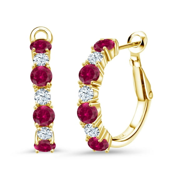 Gem Stone King 18K Yellow Gold Plated Silver Red Created Ruby Hoop Earrings for Women (2.66 Cttw, Gemstone July Birthstone, Round 4MM and 3MM)