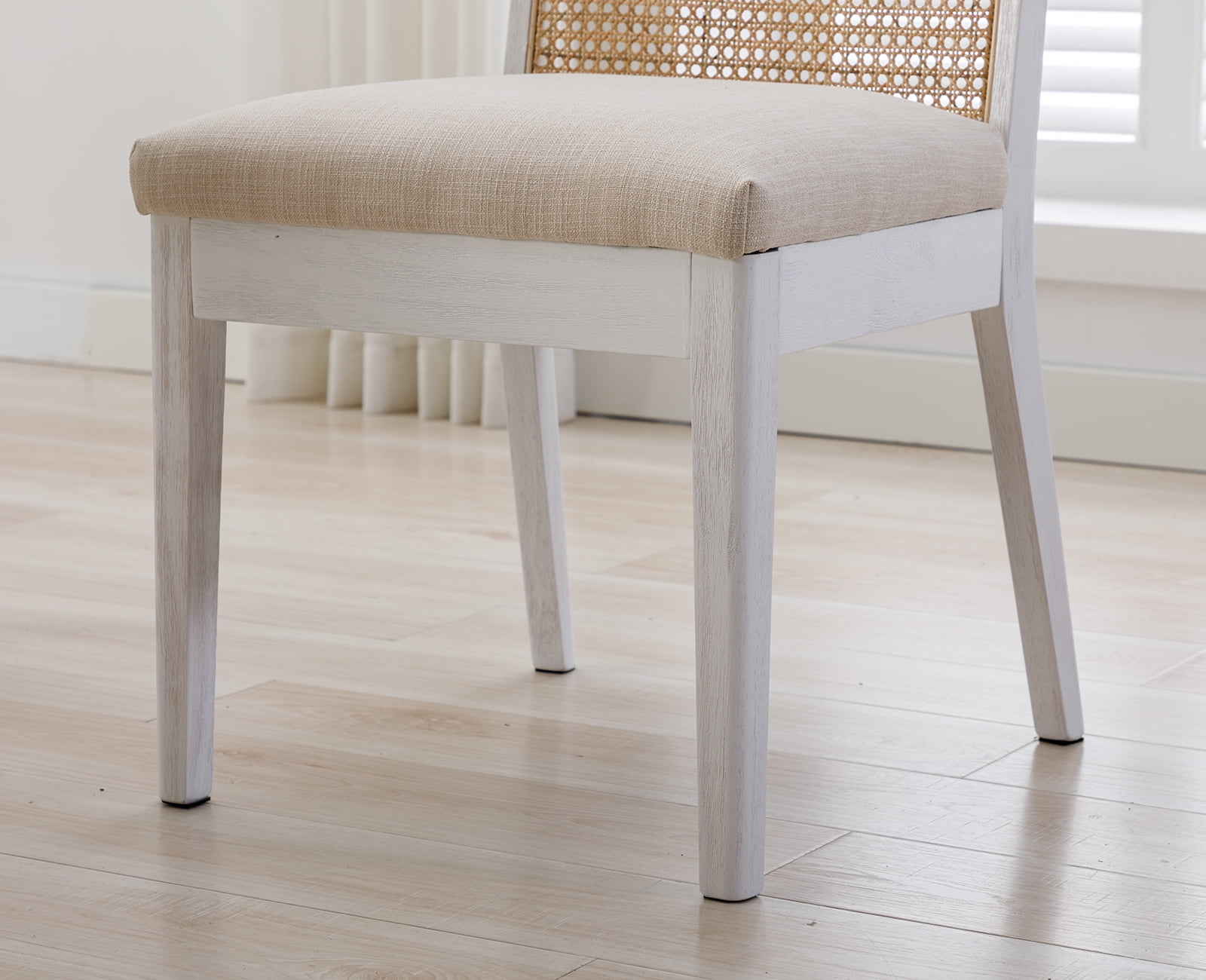 Dayalane Farmhouse Rattan Dining Chairs Set of 2, Mid Century Modern Dining Side Chairs with White Hardwood Frame, Linen Upholstered French Country Kitchen Chairs for Dining Room Bistro, Beige