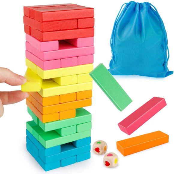 DEBGFS Wooden Blocks Stacking Game with Storage Bag  Toppling Colorful Tower Building Blocks Balancing Puzzles Montessori Toys Learning Sorting Family Games Educational Toys Gifts for K