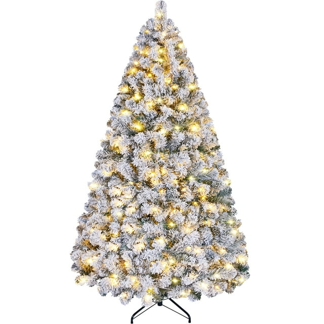 Yaheetech 6ft Pre-lit Flocked Artificial Christmas Tree with 250 LED Lights, Green & White