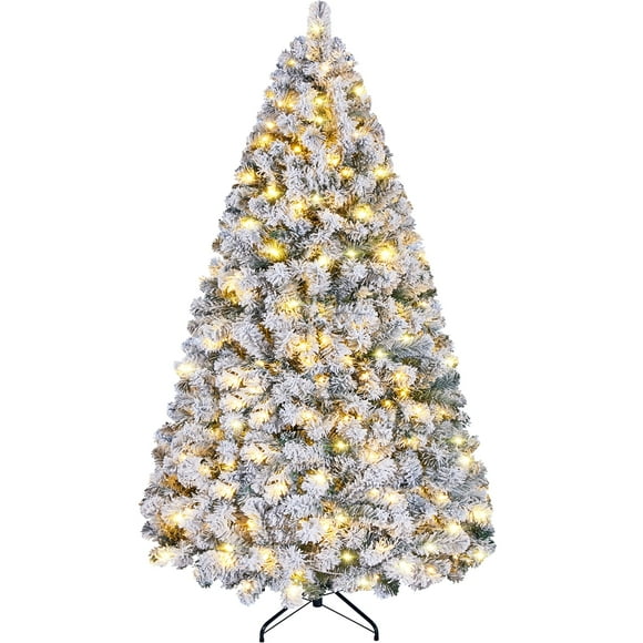 Yaheetech 6ft Pre-lit Flocked Artificial Christmas Tree with 250 LED Lights, Green & White