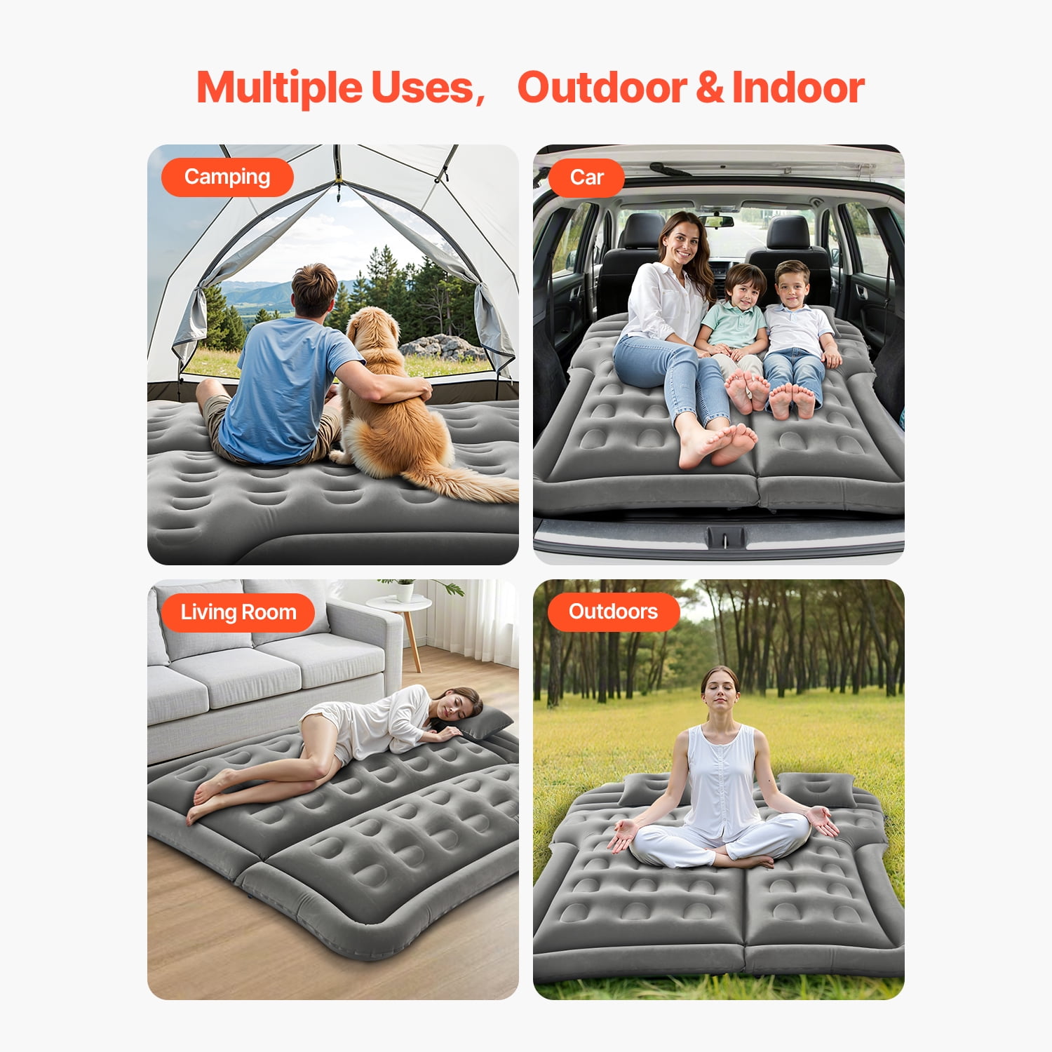 KFFKFF Inflatable Car Air Mattress, Comfortable Travel Sleeping Pad with Flocking Surface, Durable and Portable Design, Includes Air Pump, Nozzle, and Carry Bag, Compatible with Most SUV, MPV