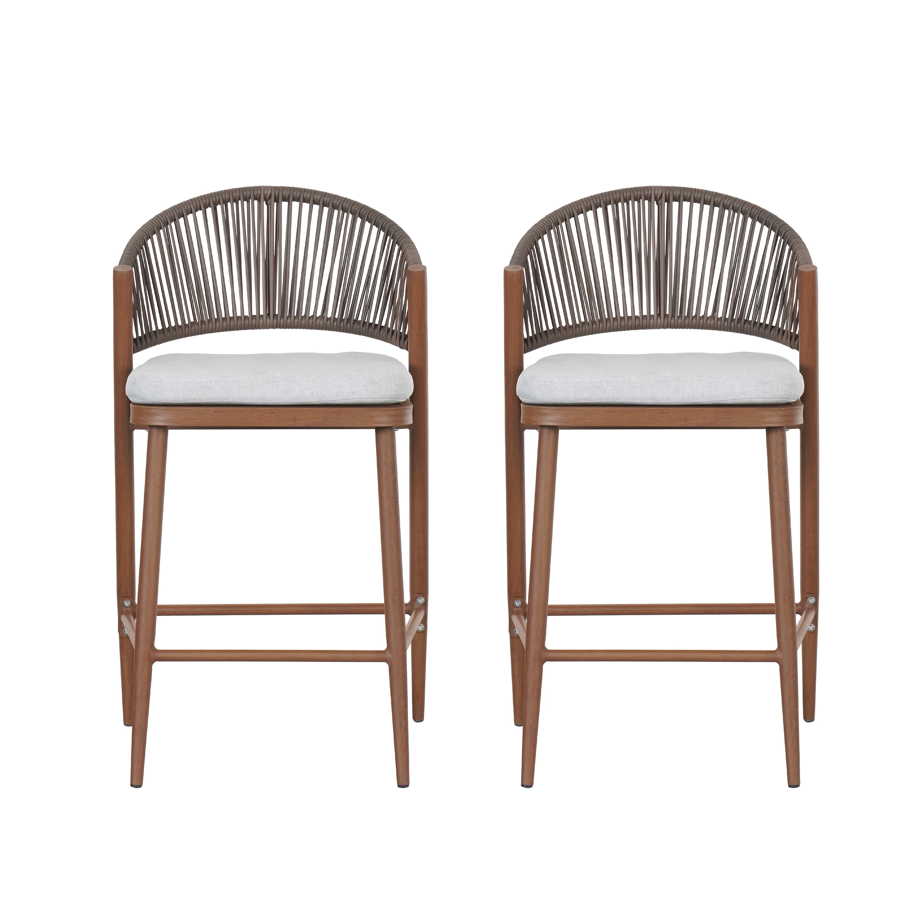 Counter Stools Set of 2, Outdoor 26 Inch Seat Height Aluminum Frame Stools with PE Rattan Scallop-Shaped Backrest, Teak Finish