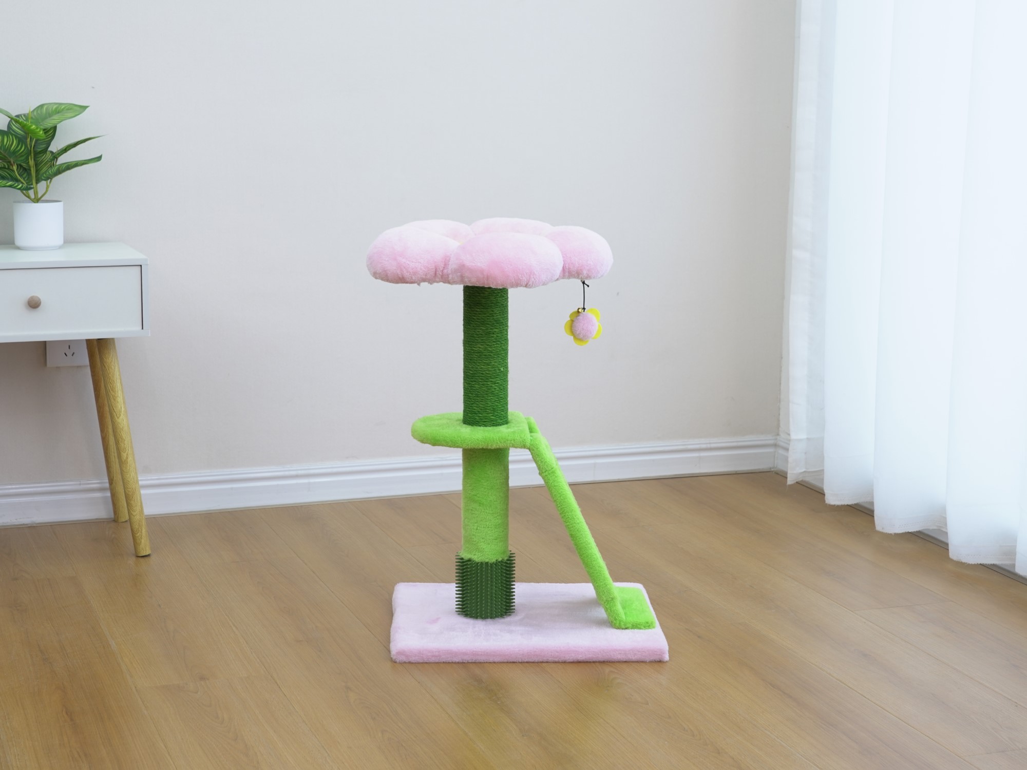 Vibrant Life Flower Cat Scratching Post with Grooming Brush, Pink and Green