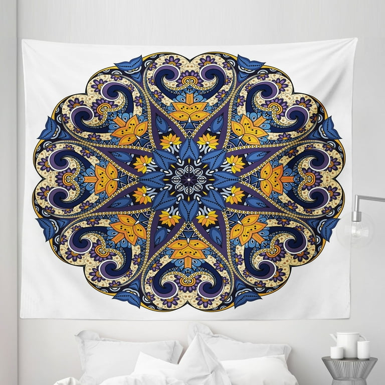 Ethnic Tapestry Floral Motif Vibrant Colors Inner Balance Pattern Style Fabric Wall Hanging Decor for Bedroom Living Room Dorm 5 Sizes Blue Orange