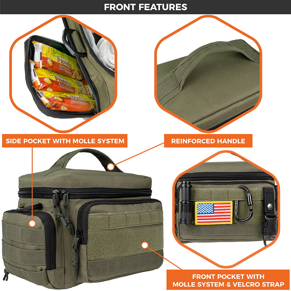 OPUX Tactical Lunch Box Men Adult, Insulated Large Cooler Bag with MOLLE,  Mesh Side Pockets Pail Office Meal Prep (Black, Large - 11x9x7 Inches)