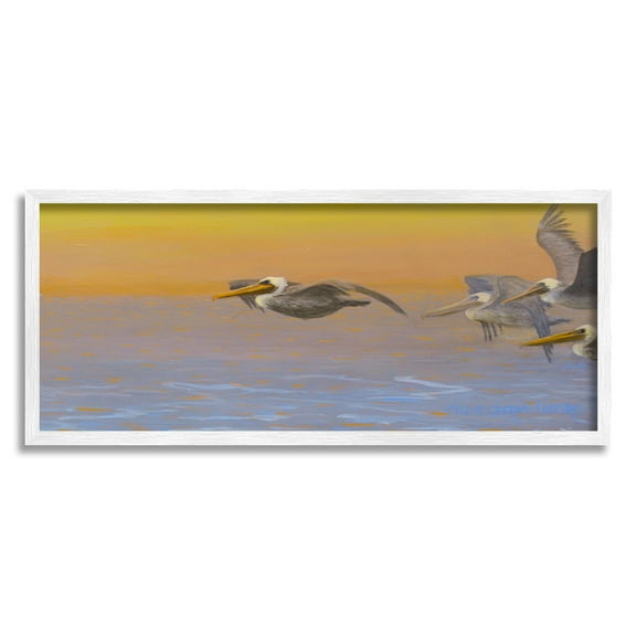 Stupell Industries Pelicans Flying Ocean Sunrise Coastal Painting White Framed Art Print Wall Art