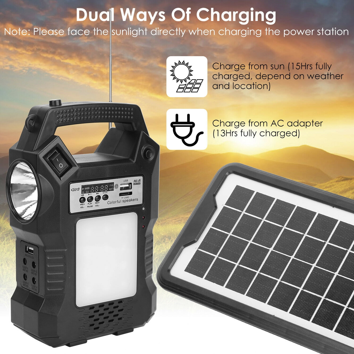 Solar Generator Portable Power Station with Solar Panel, 8000mAh Battery 3 LED Bulbs Flashlights Fm Radio for Home Outdoors Camping Travel Emergency