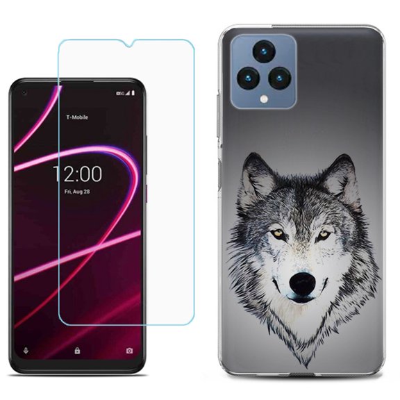 Slim-Fit Gel TPU Fashion Phone Case for T-Mobile Revvl 6 5G, with Tempered Glass Screen Protector, by OneToughShield ® - Wolf Face