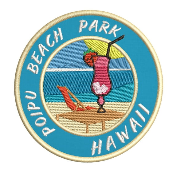 Happy Hour! At Poipu Beach Park, Hawaii USA 3.5 Inch Iron Or Sew On Embroidered Fabric Badge Patch Ocean Beach, Salt Life Iconic Series