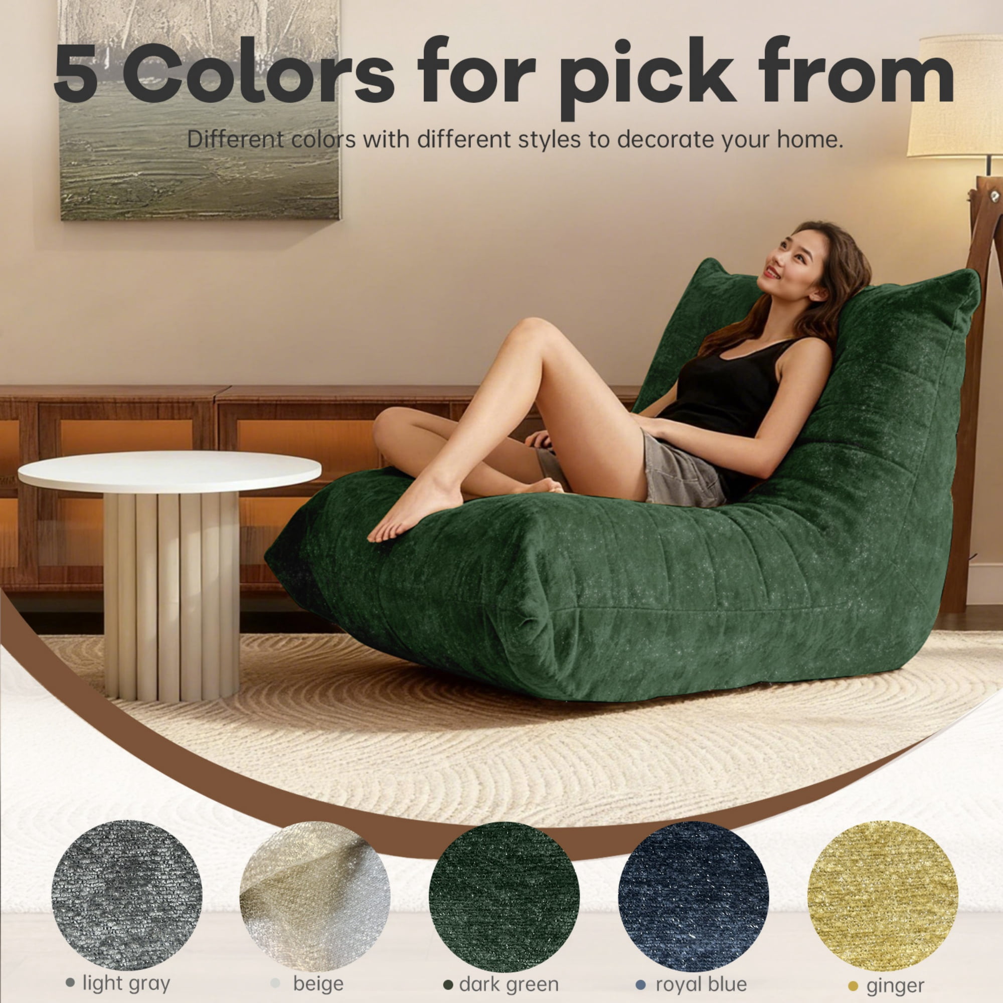 Ergonomic Bean Bag Chair with 5-Way Body Support, Oversized Floor Lounger with Shiny Chenille Fabric, Cozy Sofa for Living Room, Reading Nook, Dark Green