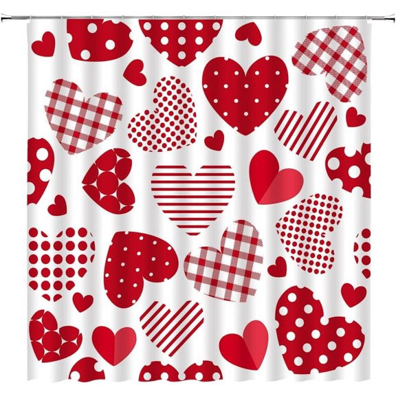 Valentine''s Day Shower Curtain Pink and Red Sweet Heart Buffalo Plaid Polka Dot Romantic Love Lover Couple Gifts Creative Modern Fashion Fabric Bathroom Decor Curtain Sets with Hooks