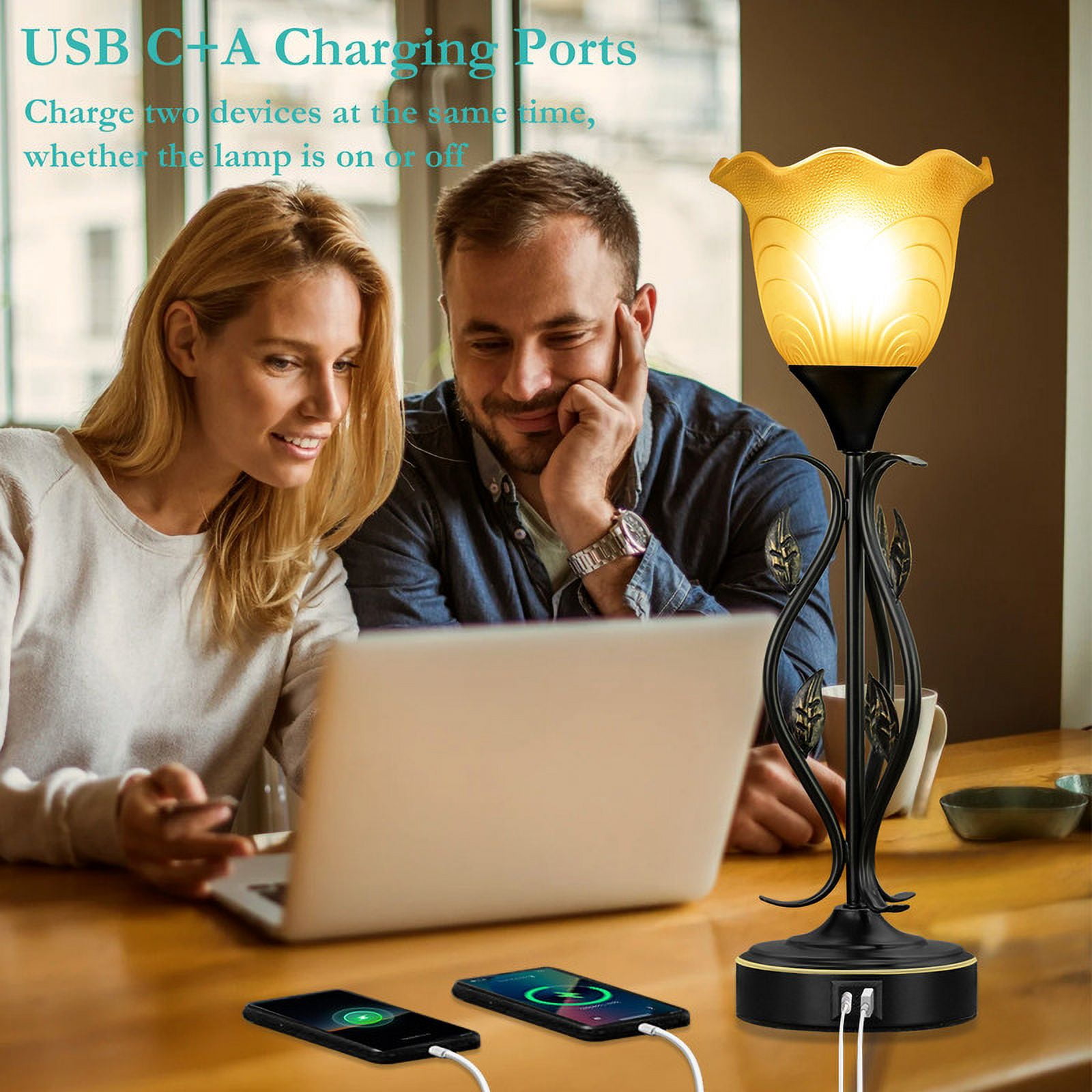 Basdien Set Of 2 Touch Bedside Lamps, 20 Inch Height, Amber Glass Shade, USB-C Ports, 3-Way Brightness, LED Bulbs Included