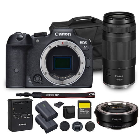 Canon EOS R7 Mirrorless Camera| 32.5MP APS-C Sensor 4K 60p Video| Fast Autofocus In-Body Stabilization for Wildlife and Sports(5137C002) + Canon RF 75-300mm Lens + Adapter EF-EOS R + 64GB Card + More