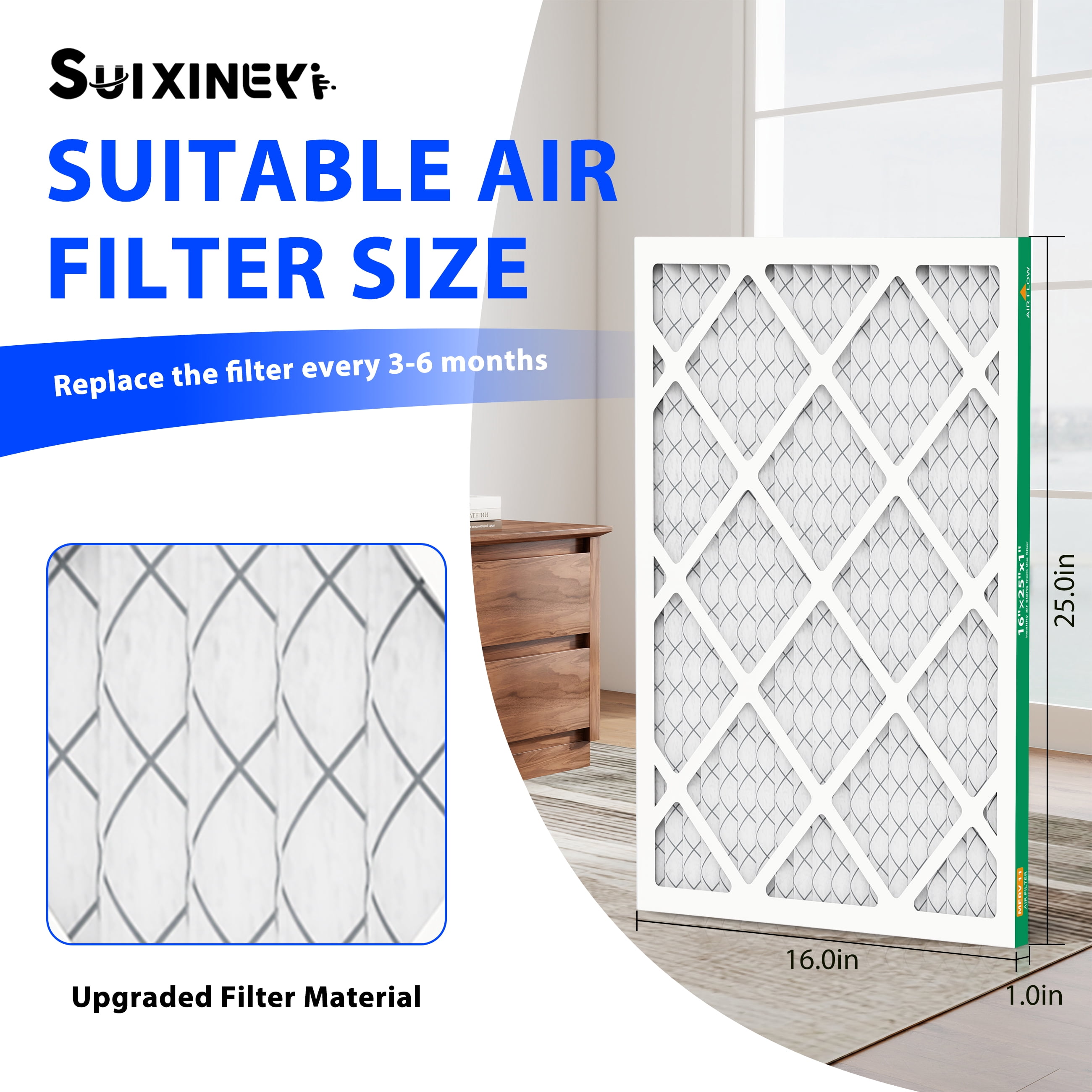 SUIXINEYI MERV11 16x25x1 AC Furnace HVAC Air Filter With Pleated Design in Non-Woven Fabric Air Conditioner for Home
