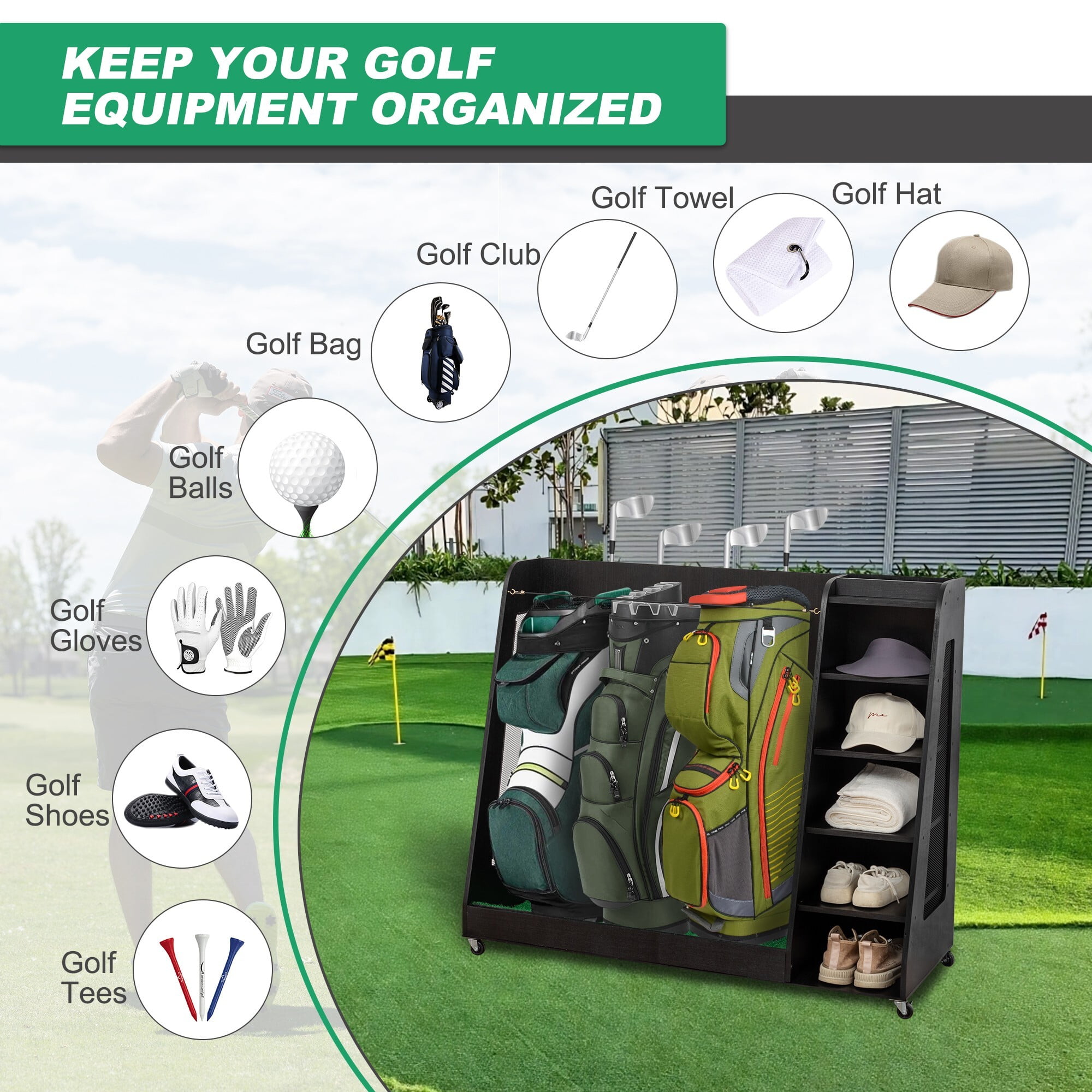 AENKYO Golf Bag Storage Rack Holds 3 Bags & 14 Clubs, with Shoe & Ball Storage, Sturdy Wood Sports Organizer, Black