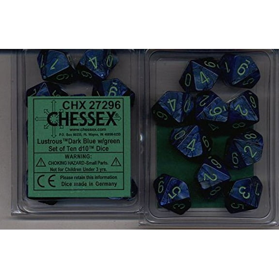 Chessex Dice Sets: Lustrous Dark Blue with Green Pips - Ten Sided Die