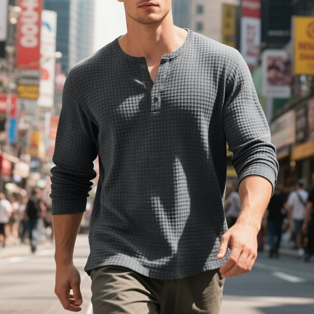 pstuiky Camisas casuales de manga larga para hombre, Blusas casuales con botones y cuello redondo de manga larga con degradado para hombre tops de invierno para hombre l