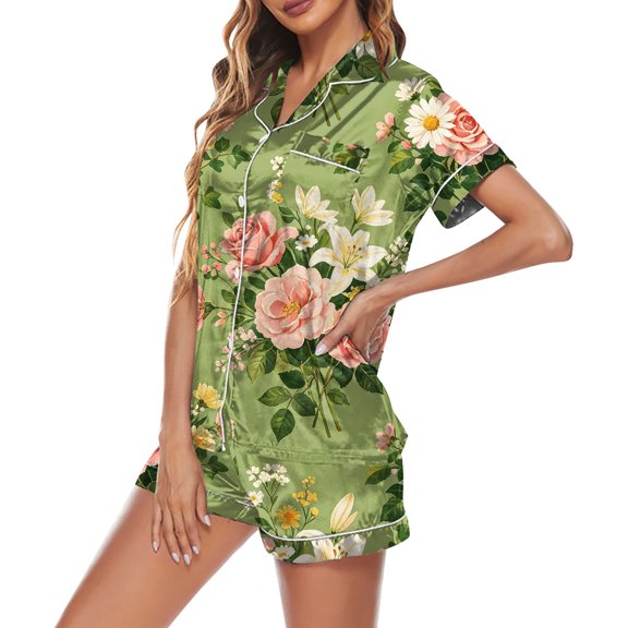 Short Sleeve Button Front Womens Pajama Set Satin Shorts Top Elastic Bottom Lightweight Multicolor Print Casual Outfit