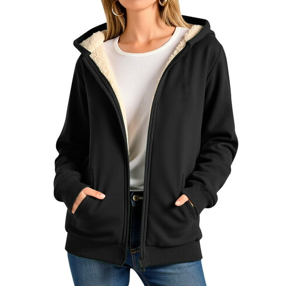 APEXFWDT Women's Sherpa-Lined Hoodie Jacket Zip-Up Drop Shoulder Casual Sweatshirt Outerwear Warm Wear for Winter Coffee Runs,L,Black