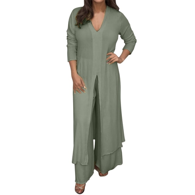 Conjunto de dos piezas de gasa para mujer talla grande: top de cuello en V y manga larga + pantalones, traje de playa, diseño con abertura, para primavera-verano