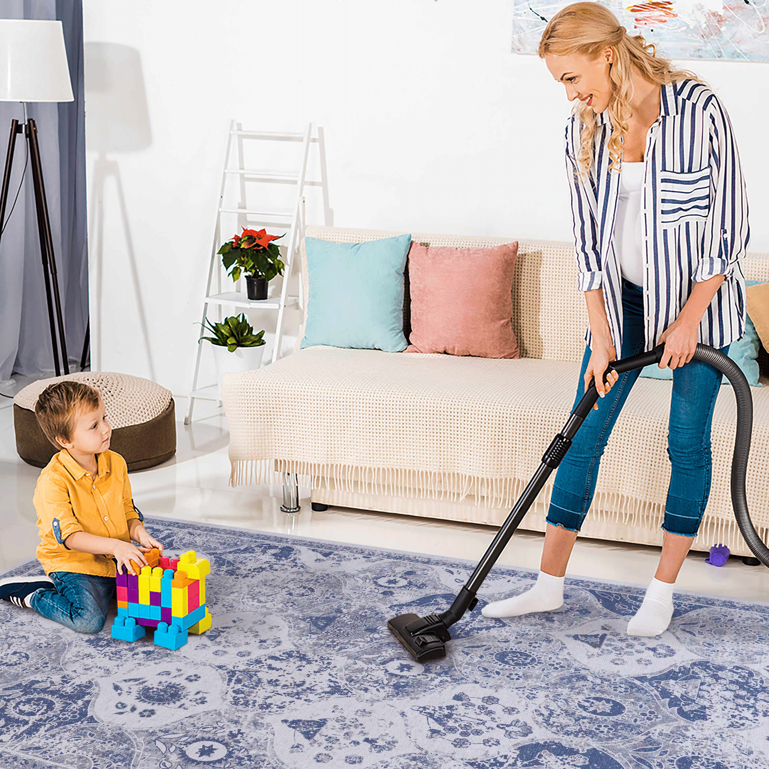Blue Area Rug 5x8, Washable Low-Pile Non-Slip Non-Shedding Foldable Rug, Kid & Pet Friendly Indoor Floor Mat for Living Room Bedroom Kitchen
