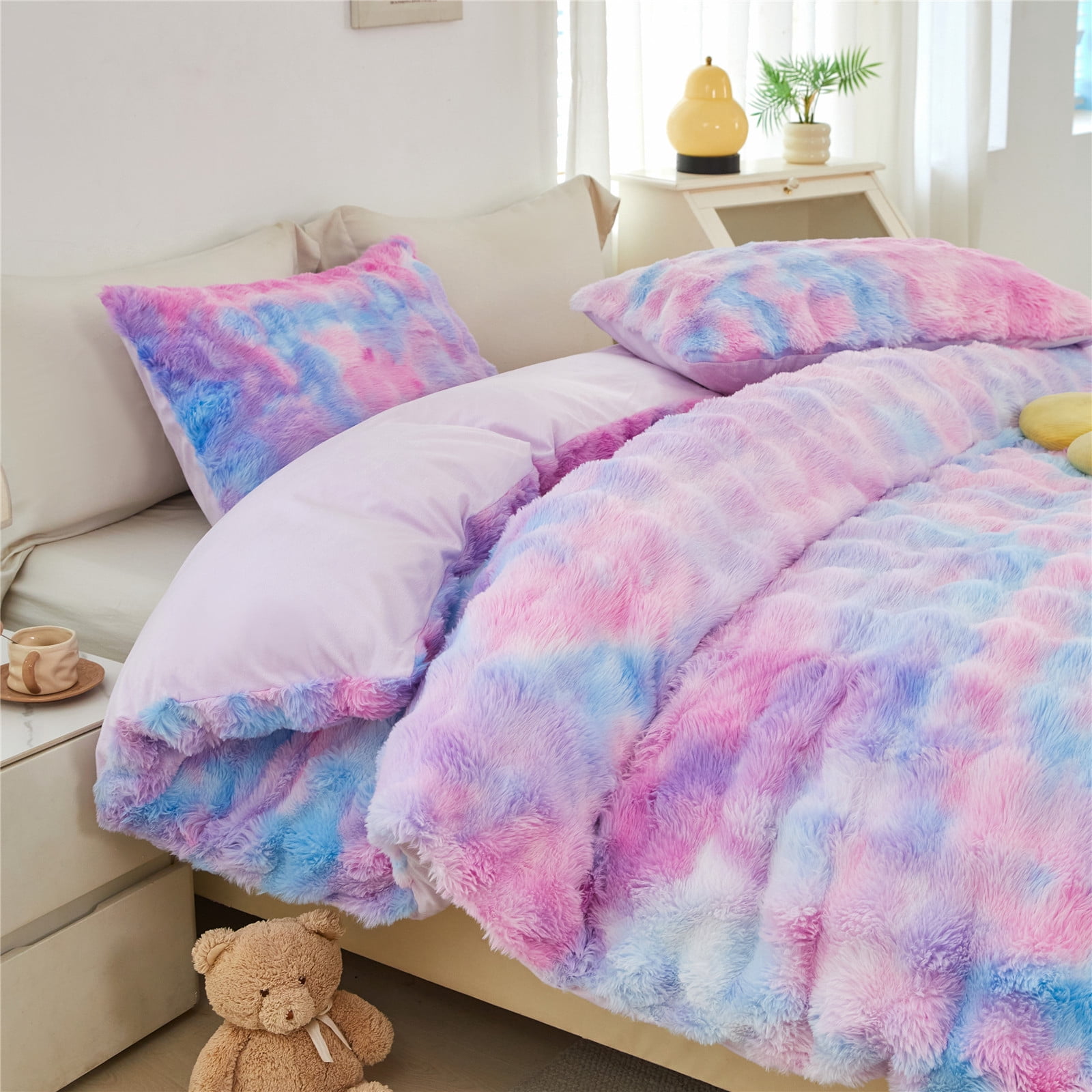 RYNGHIPY Kids Bedding Comforter Sets Full 3 Pieces Bubble Faux Fur Bedding Set Blue Purple Soft Shaggy Comforter Set Skin Friendly Fluffy Bed Set for Winter