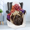 thumbnail image 4 of Pug Soft Flannel Fleece Throw Blanket, Floral Head Wreath on Head of Pug Hand Drawn Dog Image Animals Nature, Cozy Plush for Indoor and Outdoor Use, 50" x 60", Pale Brown Purple Red, by Ambesonne, 4 of 5