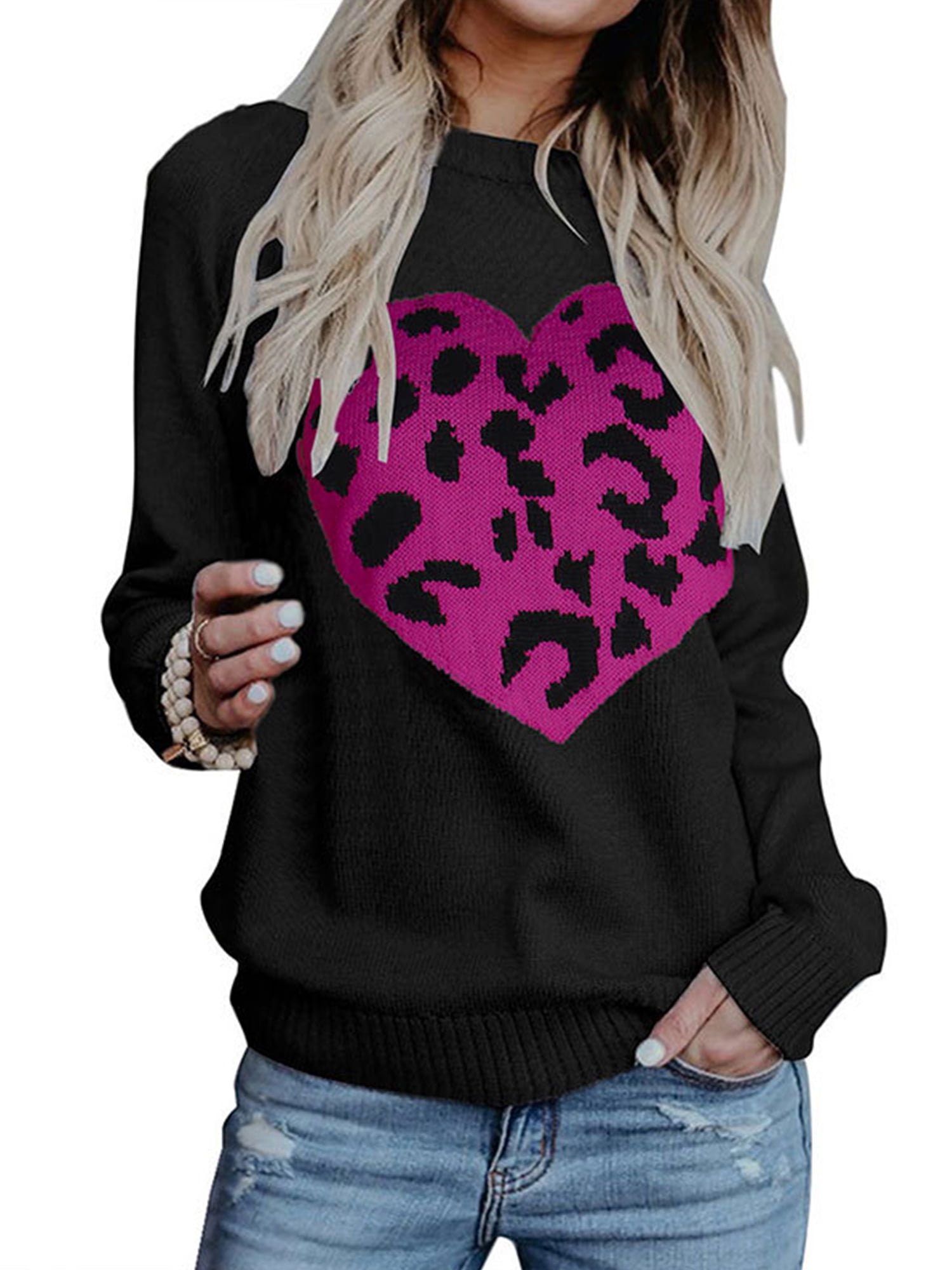 Sweater Ladies Leopard Heart Knitwear 