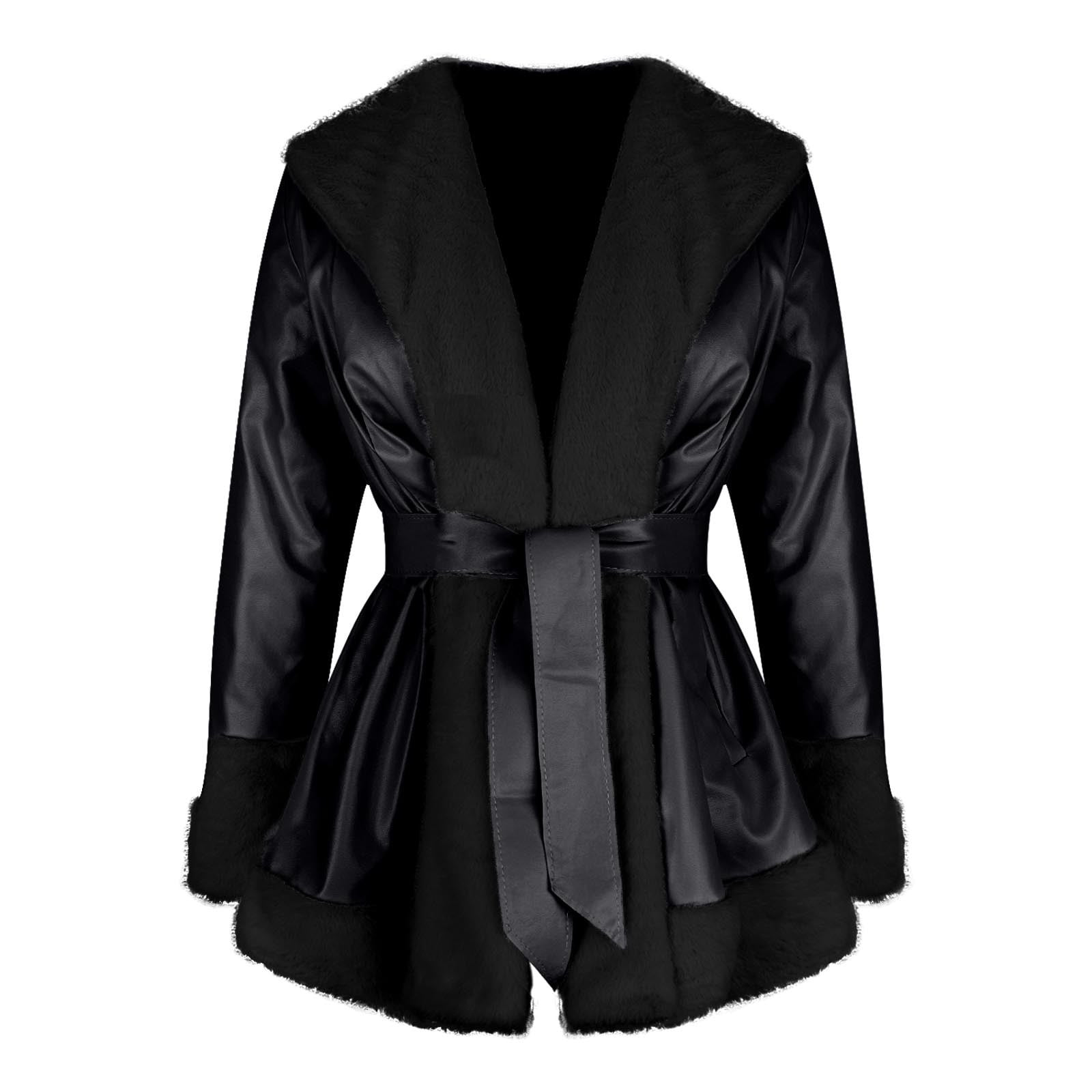 ZQUUVOU Women's Faux Leather Jacket with Faux Fur Collar Fall Winter Trendy Long Sleeve Furry Trim Parka Coat with Belt Black