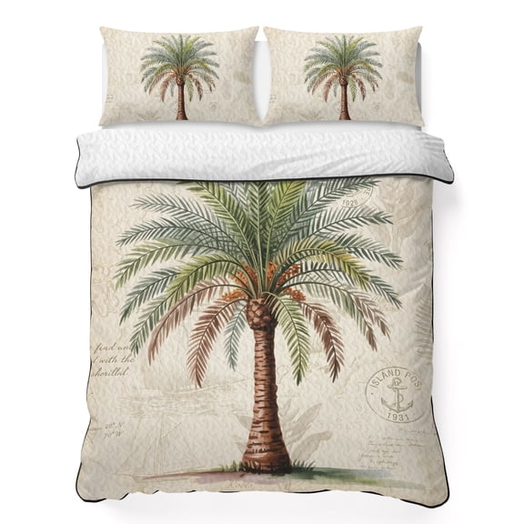 Quilts Twin XL Size Bedding Set, Green Palm Tree Lightweight Quilted Comforter, Summer Coastal Botanical Tree Tropical Soft Reversible Bedspread Coverlet with Pillow Covers for All Season, 68" x 98"