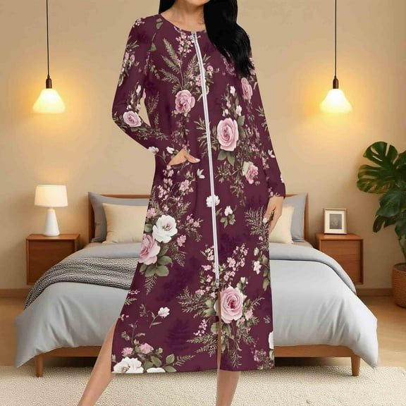Aboser Women's Zip Front Robe Retro Floral Print Bathrobe Full Length Long Sleeve Loungewear Lightweight Soft Housecoat Casual Home Nightgown Dress with Pockets