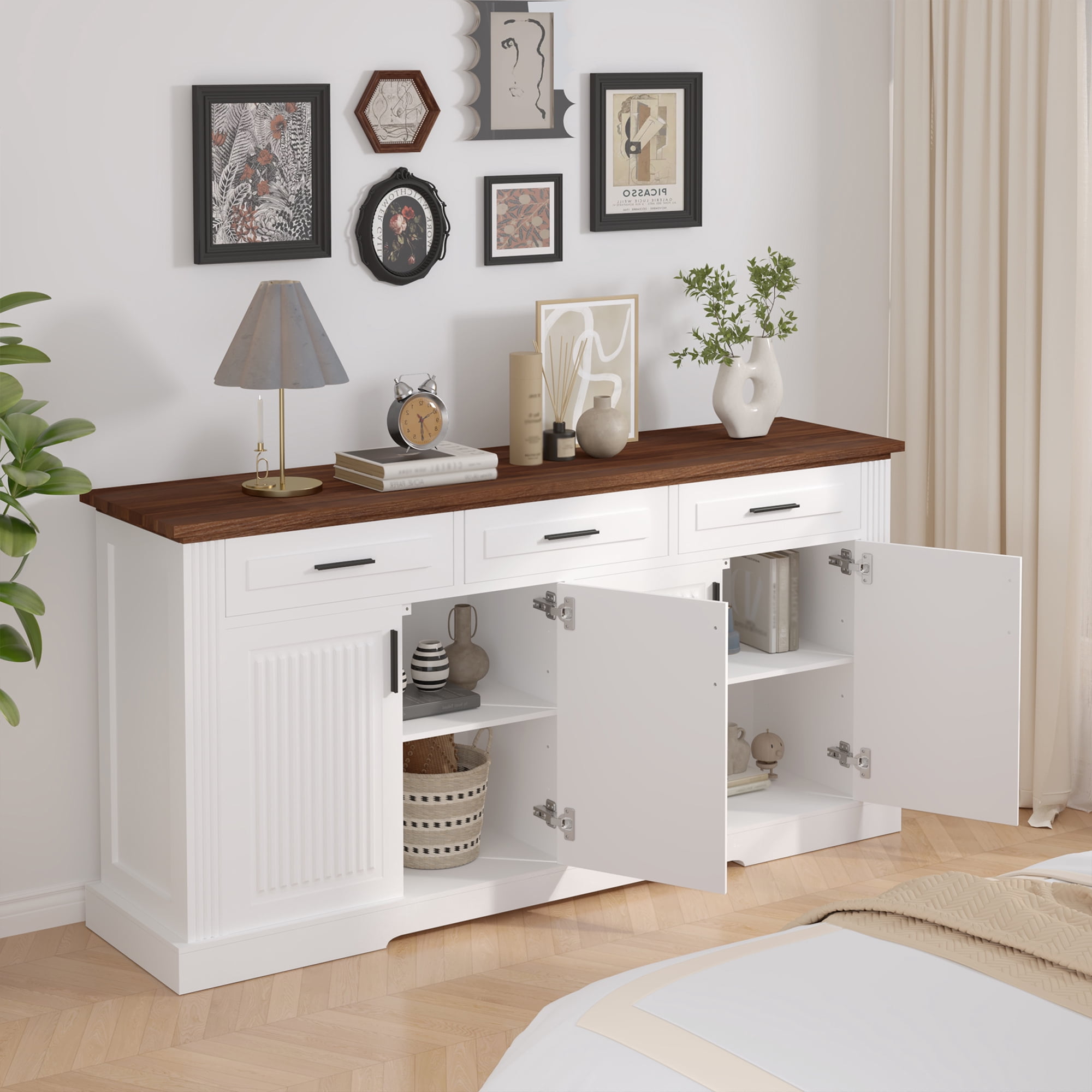 Mintazer 63" Fluted Sideboard Buffet Cabinet with Storage, Kitchen Storage Console Table with 4 Doors and 3 Drawers, Modern Coffee Bar Station for Entryway Kitchen Living Room Dining Room, White