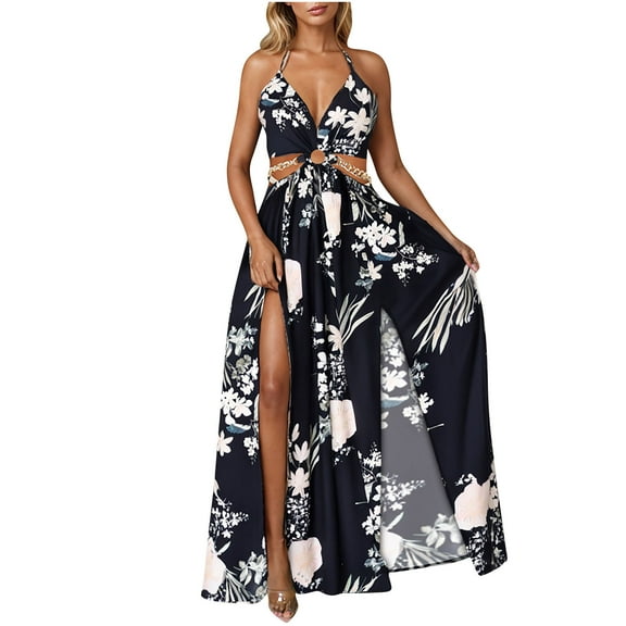 Ruimatai Women's Plus Size Floral Print Round Neck Sleeveless Maxi Dress Casual Summer Beach Party Long Dress French Style Fashion