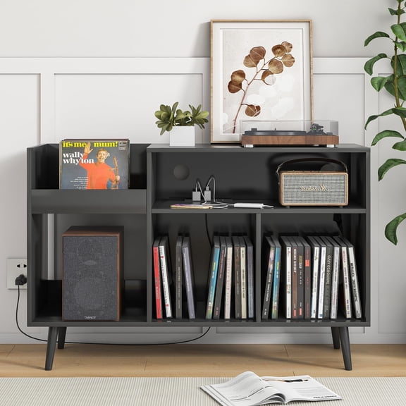 Mid-Century Record Player Stand, CD DVD Media Storage with Storage Vinyl Record Cabinet Record Player Table with Power Outlet Turntable Stand Large Record Holder Holds for Bedroom Living Room