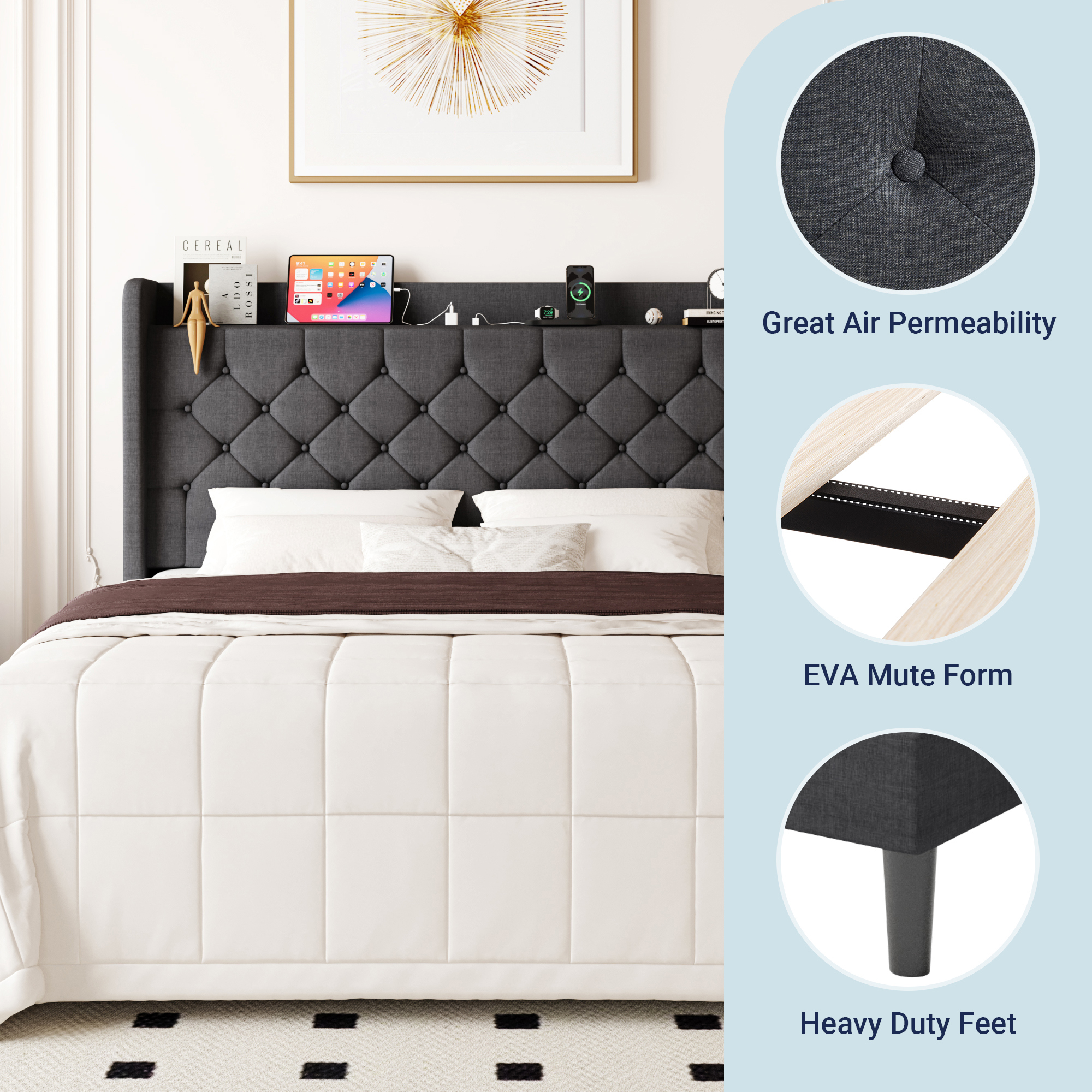Allewie Full Size Bed Frame, Storage Headboard with Charging Station, Wingback Velvet Upholstered, Diamond Stitched Button Tufted, Sturdy Wooden Slats, No Box Spring Needed, Easy Assembly, Deep Gray
