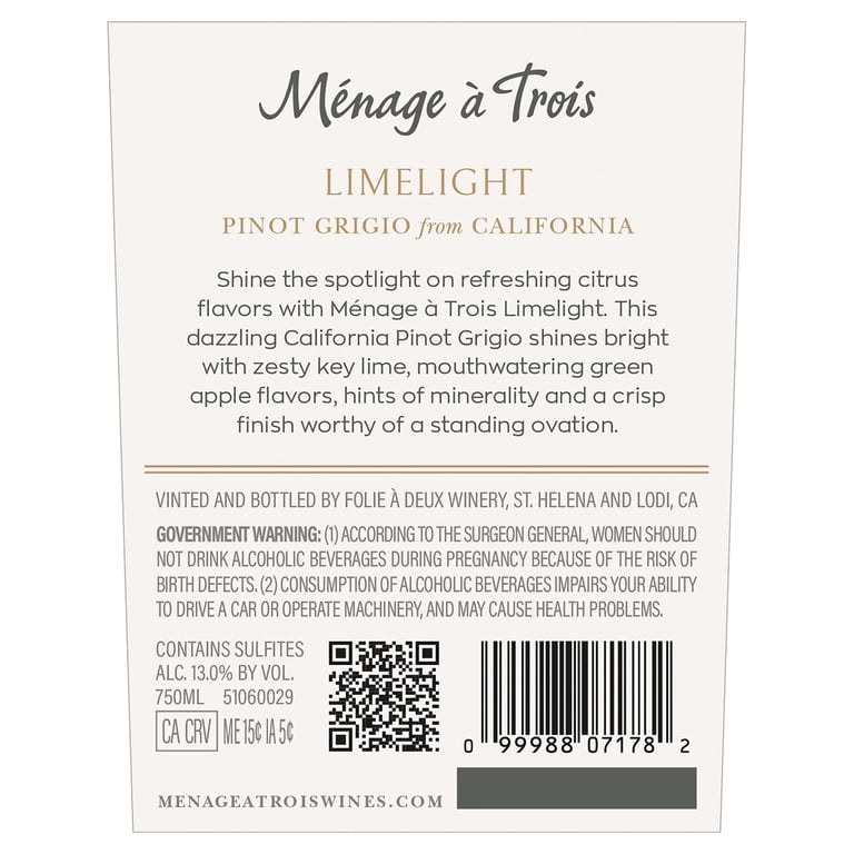 Menage a Trois Limelight Pinot Grigio California White Wine, 750