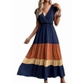 thumbnail image 2 of Women Party Color Block Dress High Waist Short Sleeve Maxi V Neck Dress Casual Ruched Ruffle Hem Dress Style 1 M, 2 of 8