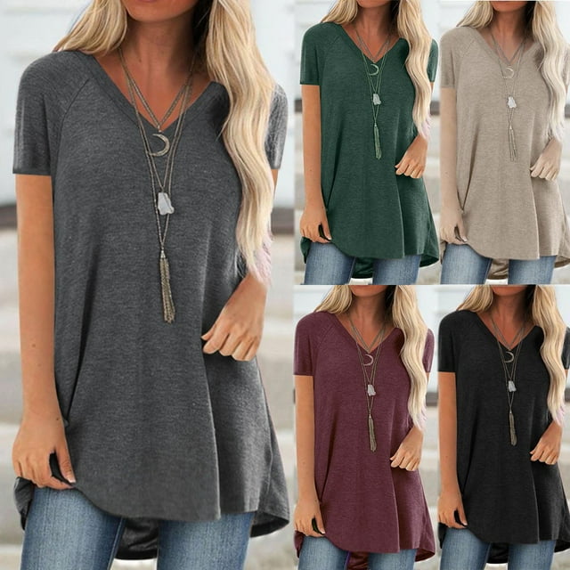 Mode Femme Grande Taille Imprimé Col en V Manches Courtes Long T-Shirt Blouse, Été Grande Taille Hauts Amples pour Femmes Soldes