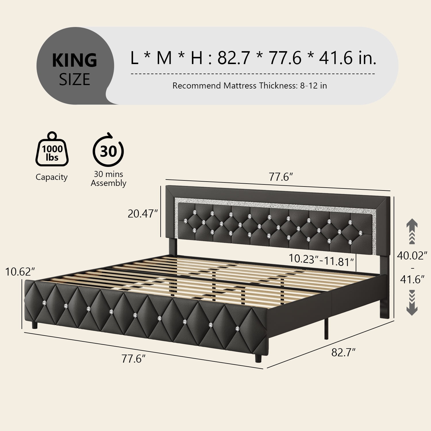 4 EVER WINNER King Bed Frame, Upholstered Platform Bed Frame with Headboard and Footboard, Diamond Headboard and Footboard Design, Gray