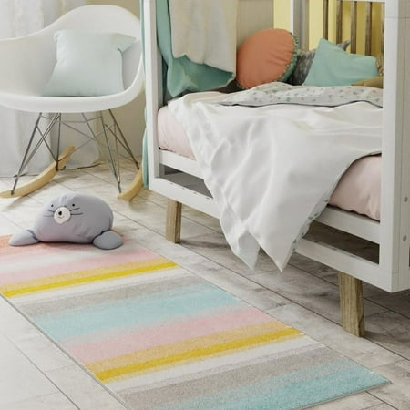 Unique Loom Whimsy Kids Collection Area Rug - Pastel Abstract Rainbow (2  2  x 3  11  Runner Multi/Ivory) Perfect For Kids Bed Room/Nursery Room/Living Room/Class Room/Play Room