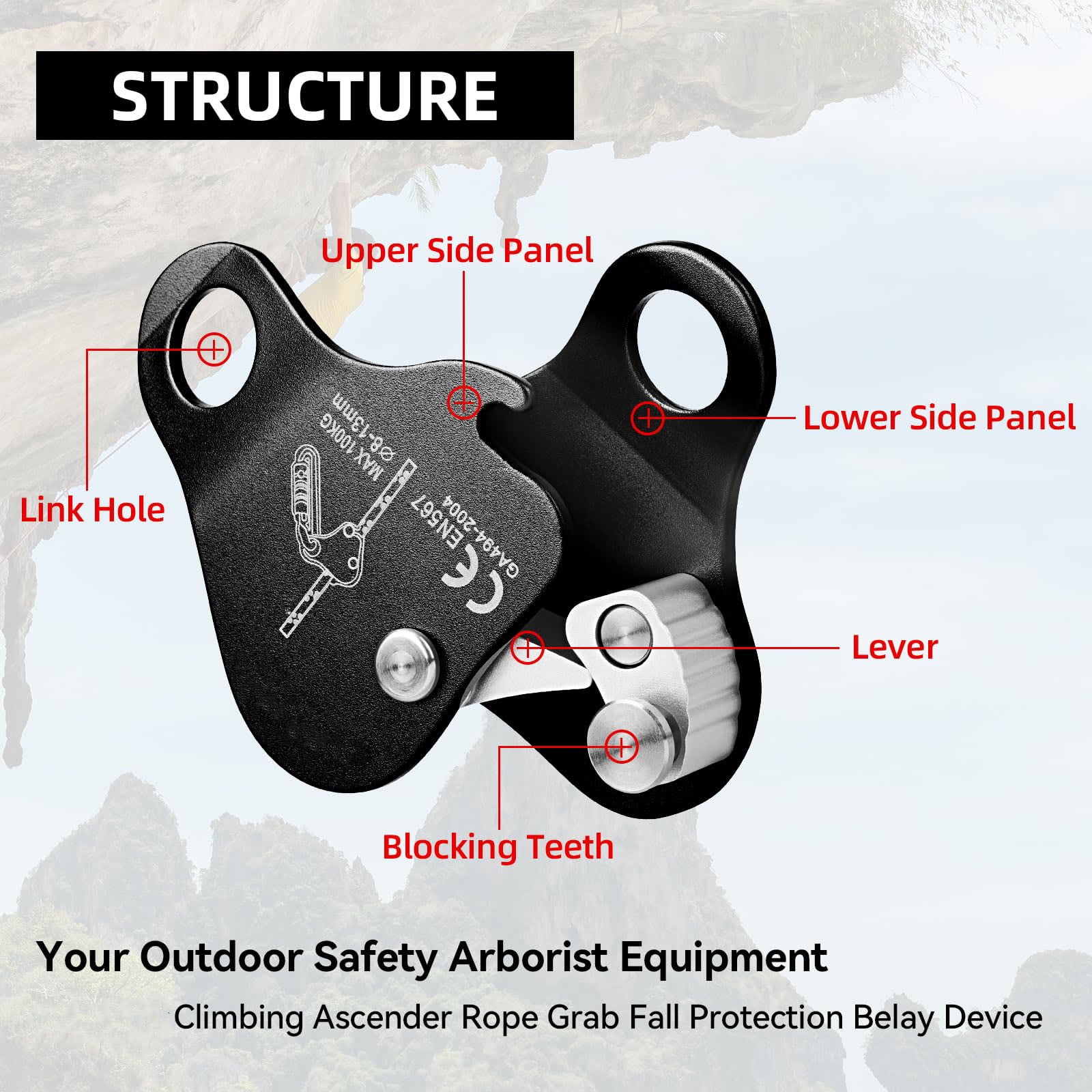 Climbing Ascender Rope Grab Fall Protection Belay Device Tree Climbing Gear Rappelling Equipment Rope Ascender for Rock Climbing Mountaineering Arborist Caving Rescue Aerial Work 8-12 mm Ropes