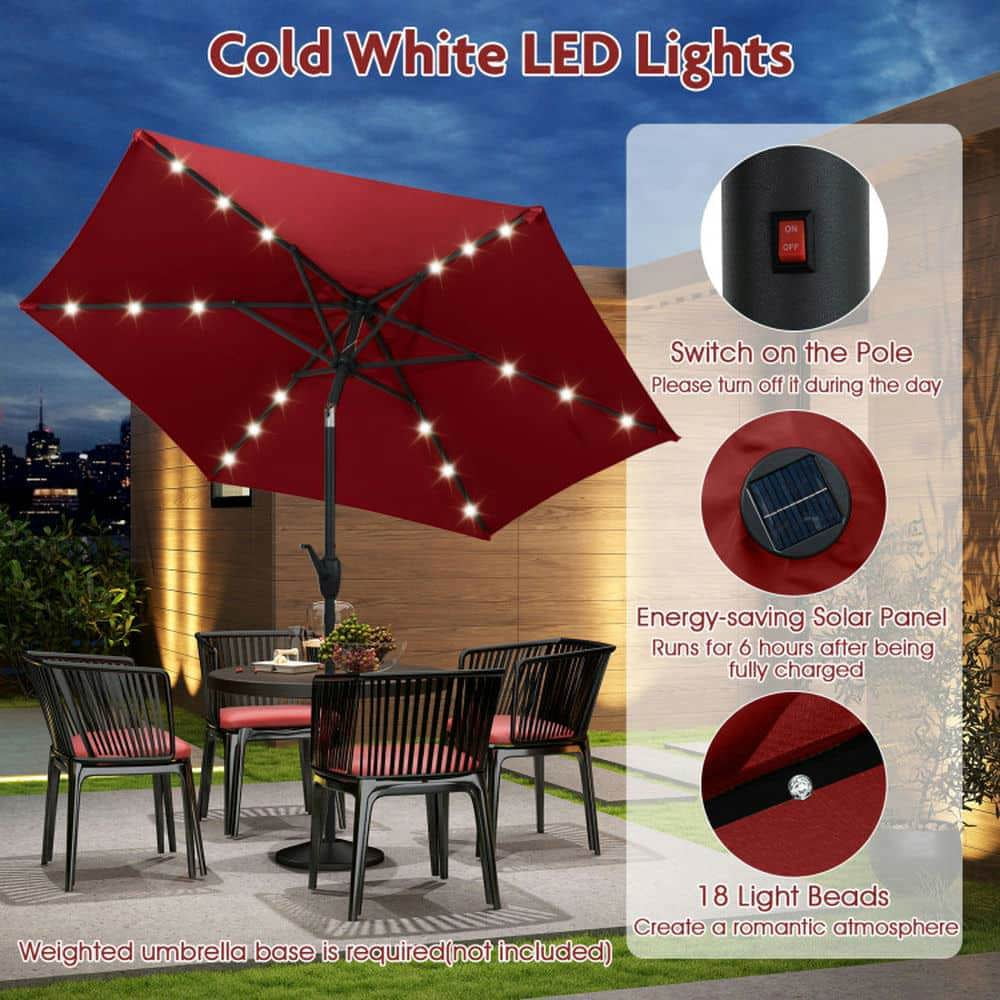 Spaco 7.5 Feet Solar Powered Patio Umbrella, Outdoor Shade with LED Lights and Crank Handle, Red