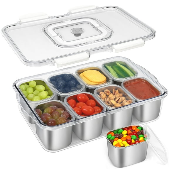 Caperci Snack Box Container, Stainless Steel Divided Serving Tray with Lid and Handle, 8 Compartment Portable Snack Tray with Lib for Fruits, Seasonings, Nuts, Vegetables